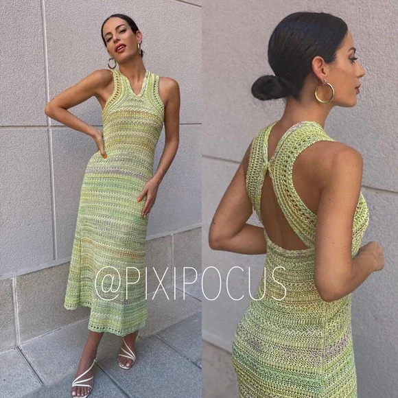 NKNIT macrame 2WAY dress グリーン ZARA NWT size S, M LIGHT GREEN MACRAMÉ CROCHET KNIT MIDI